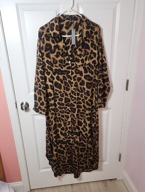 Zanzea Leopard Print Shirt Dress in Black and Tan